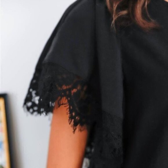 modern Black Lace Trim Detail Flowy Short Puff Sle - Picture 3 of 4